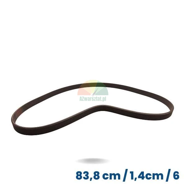 Black wheel balancer drive belt, 83.8 cm long and 1.4 cm wide with 6 ribs and 5 grooves.