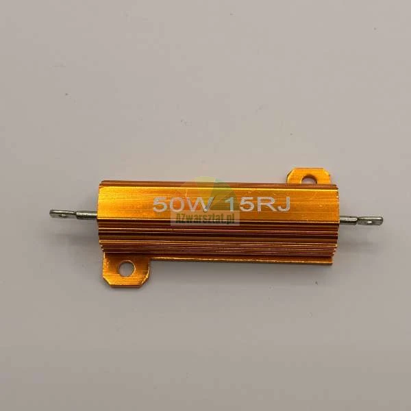 Golden 50W 15 Ohm power resistor in aluminum housing with heat sink.