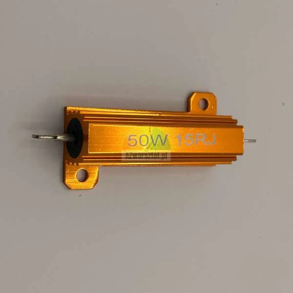 Gold 50W 15 Ohm power resistor in an aluminum housing with mounting holes.