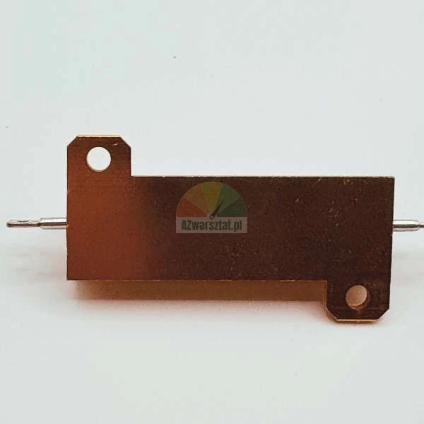 High power resistor with copper housing and mounting holes on a white background.