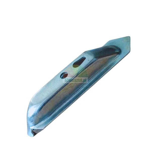 Metal seed drill coulter point with mounting holes on a white background.
