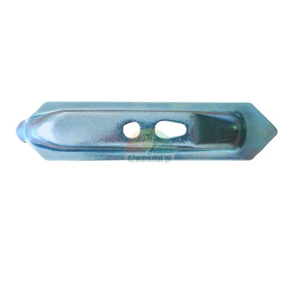 Metal window strike plate with two mounting holes on a white background.