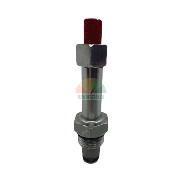 Metal hydraulic valve with a red cap and threaded end on a white background.