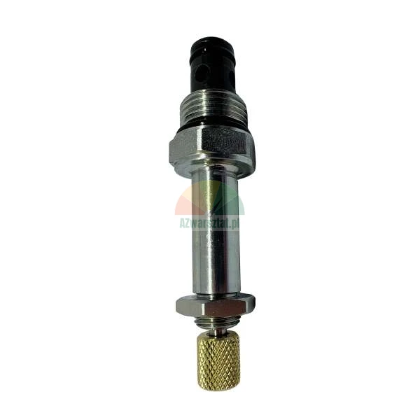 Metal hydraulic valve with a brass knurled nut on a white background.