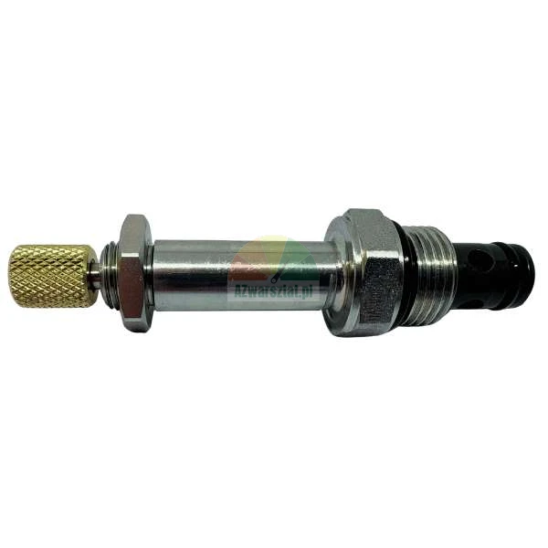 Hydraulic pressure relief valve with a brass adjustment knob and silver body