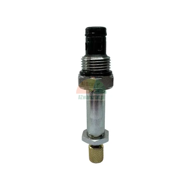 Metal hydraulic cartridge valve with thread and brass adjustment knob on a white background.