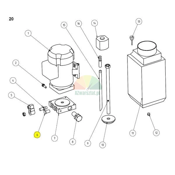 Exploded technical drawing of a hydraulic drive assembly with component number 6 highlighted in yellow.