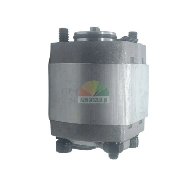 Metal hydraulic gear pump with a robust design, featuring mounting bolts and an aluminum body.