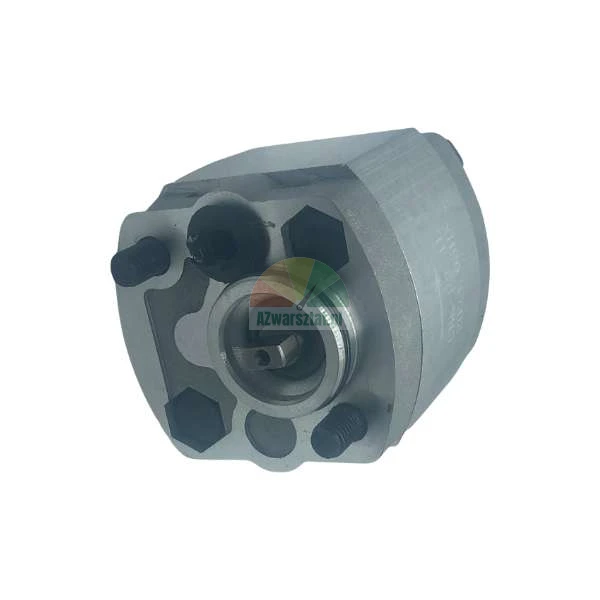 Hydraulic gear pump with aluminum body and visible drive shaft.