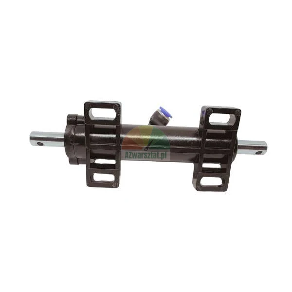 Double-acting pneumatic cylinder with black housing and chrome piston rods on both ends.