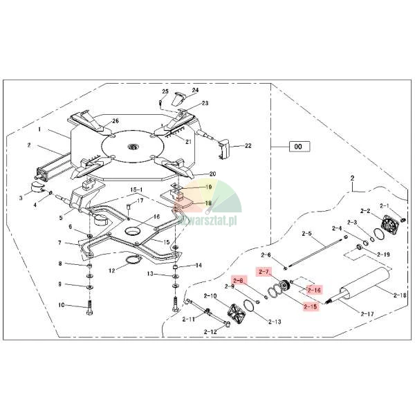 Technical exploded view diagram of a mechanical assembly with numbered components and specific parts highlighted in red.