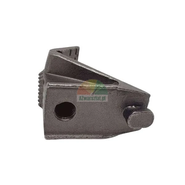 Black metal mounting element of irregular shape with a bolt hole