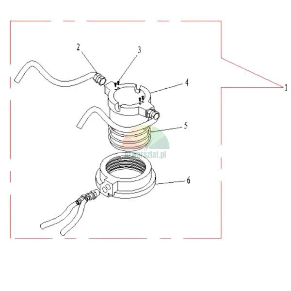 Technical drawing showing an exploded view of a mechanical assembly with numbered components 1-6, including a cylinder, a spring, and hoses.
