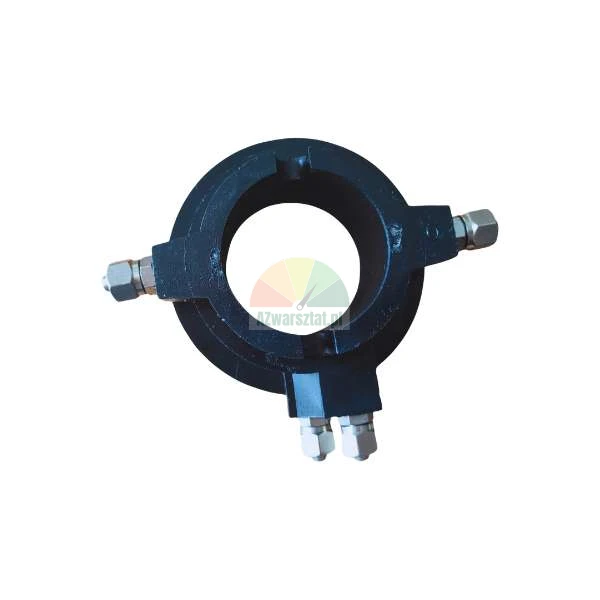 Black industrial circular metal collar with four silver bolts and fittings, top view on white background.