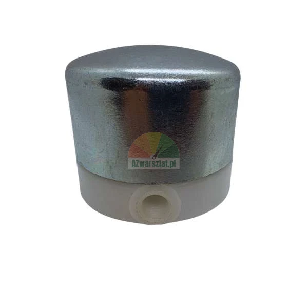 Metal cylindrical cap with a white plastic base and threaded connection port