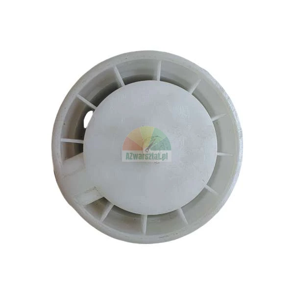 White plastic impeller or pump filter component, top view on a white background.