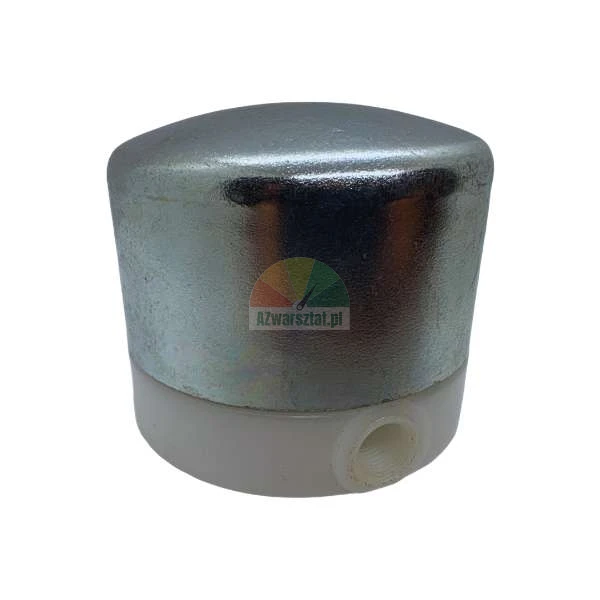 Metal cap with a white plastic base and a threaded hole