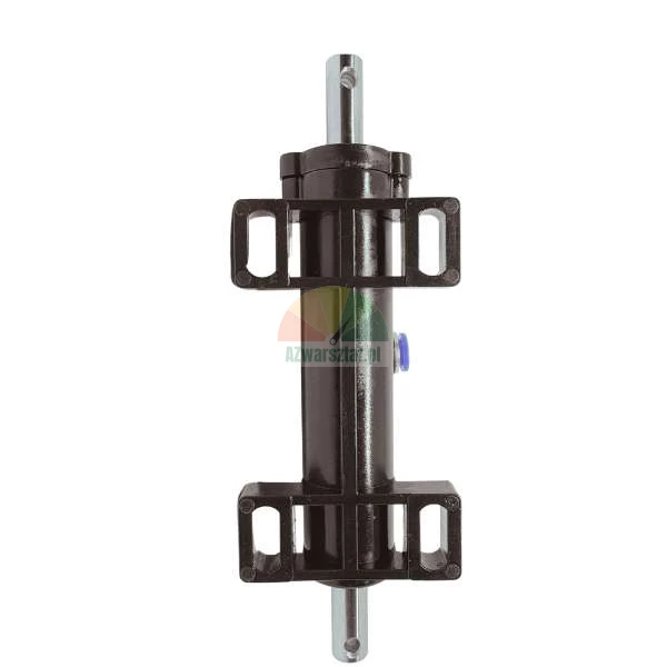 Black hydraulic cylinder with mounting brackets and silver piston rods.