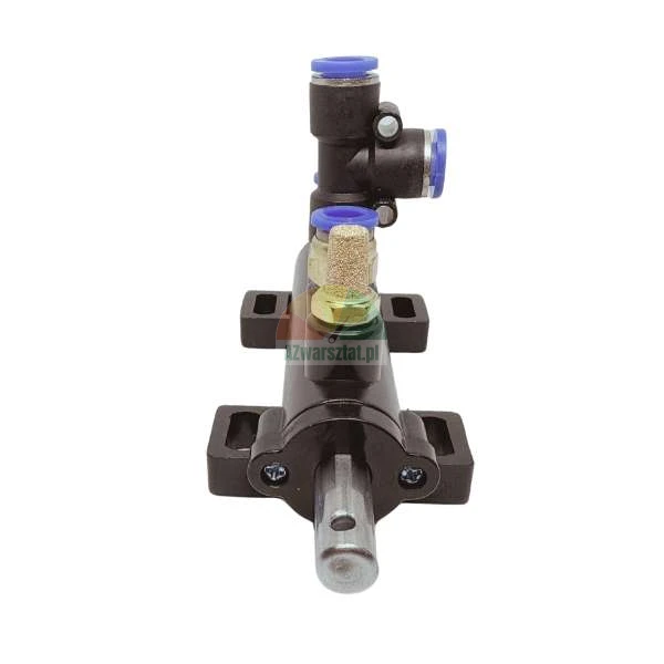 Pneumatic cylinder with blue push-to-connect fittings and a brass silencer on a white background.
