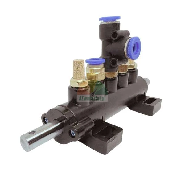 Black pneumatic manifold with blue push-in fittings and a brass silencer on a white background.