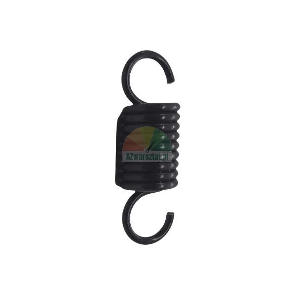 Black tension spring with hooks on both ends on a white background.