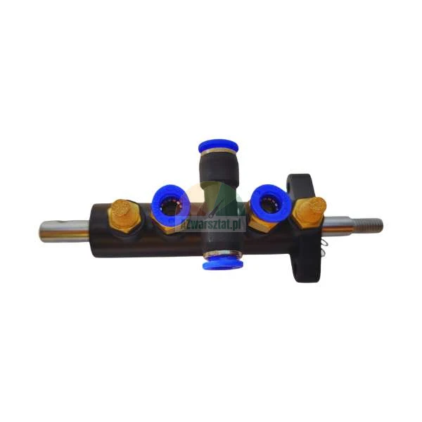 Pneumatic control valve with blue push-in fittings and metal shaft