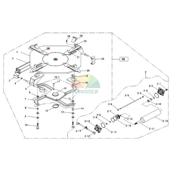 Technical exploded view diagram of a tire changer turntable assembly with part number 26 highlighted in red.