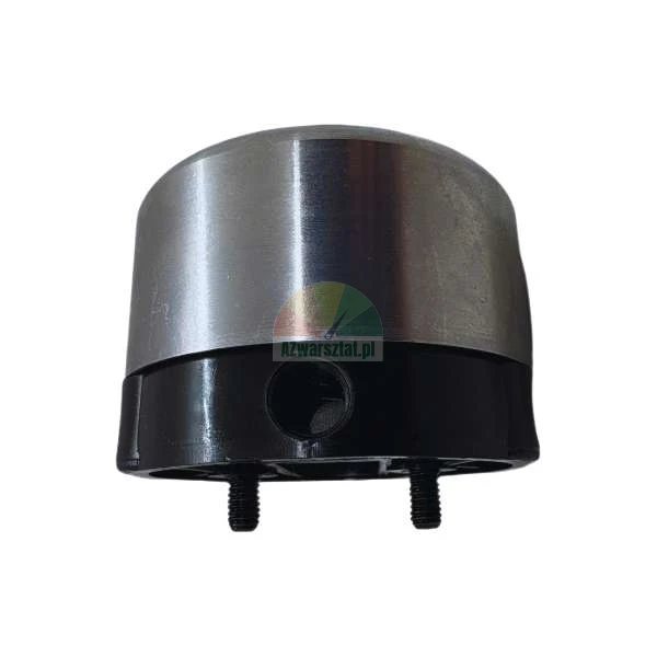Industrial sensor housing with metal top and black base with mounting bolts