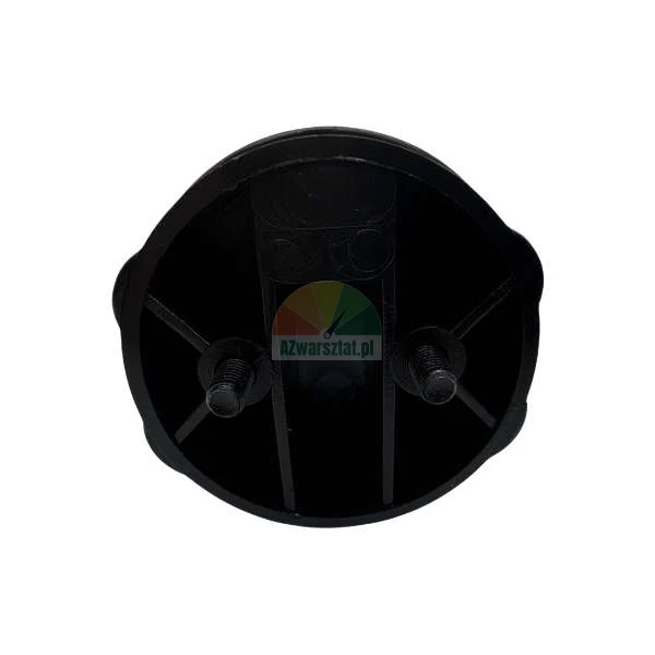 Black circular plastic component with two threaded bolts and internal reinforcement ribs.