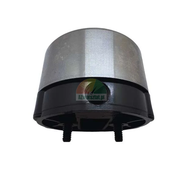 Industrial metal and black housing component with two mounting screws and a side threaded port.