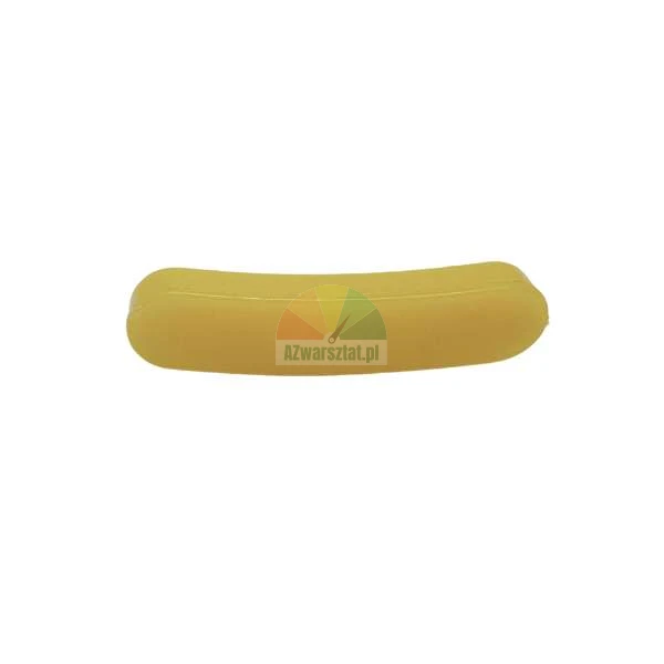 Oblong, yellow and slightly curved plastic element on a white background.