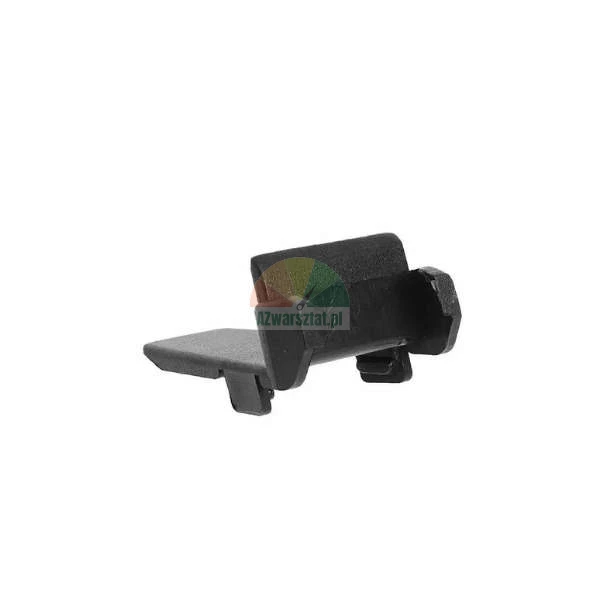 Black plastic mounting clip or latch element on a white background.