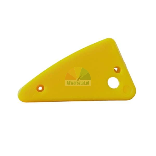 Yellow plastic triangular squeegee tool with mounting holes.