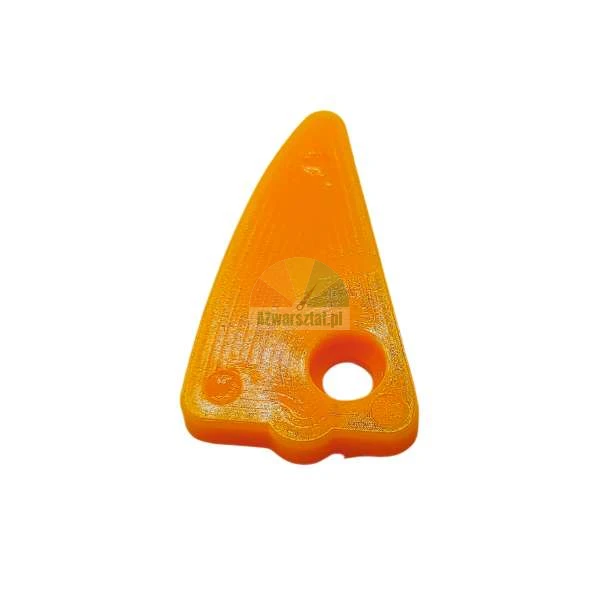 Orange 3D printed plastic component in a triangular shape with a round hole.