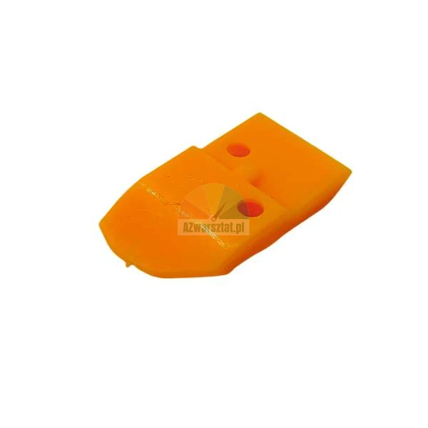 Orange plastic spacer wedge or mounting tool with two holes on a white background.