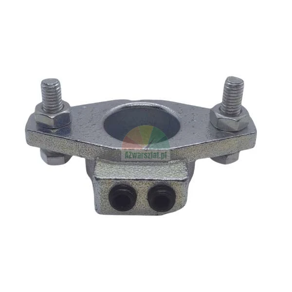 Metal mounting flange with two vertical bolts, nuts and two small black ports on a rectangular front section.