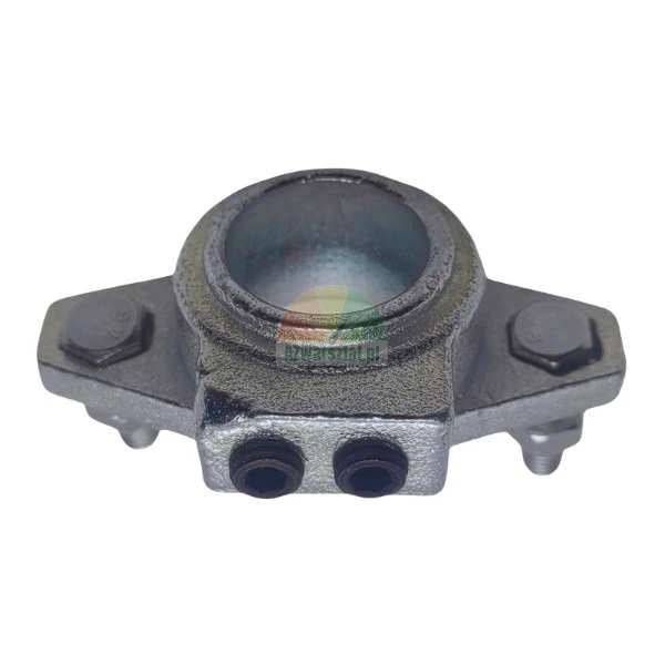 Metal flange bearing housing with two side bolts and two set screws on a white background.
