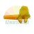 Yellow plastic automotive clip fastener on a white background