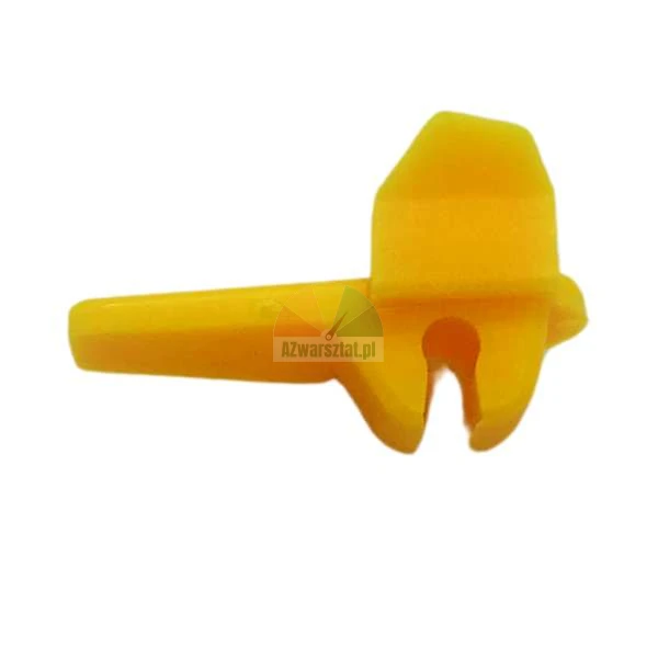 Yellow plastic automotive clip fastener on a white background
