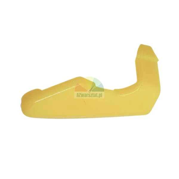 Yellow plastic mechanical part with an irregular shape on a white background.