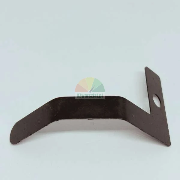 Black metal mounting bracket or spring clip with a pre-drilled hole, profile view.