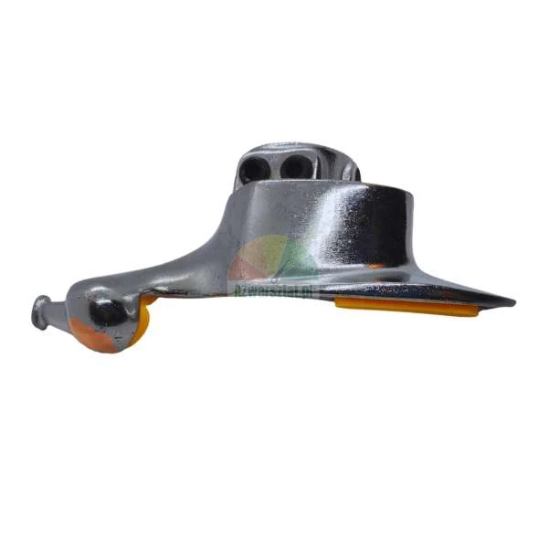 Chrome tire changer mount demount head with yellow plastic inserts, side view.