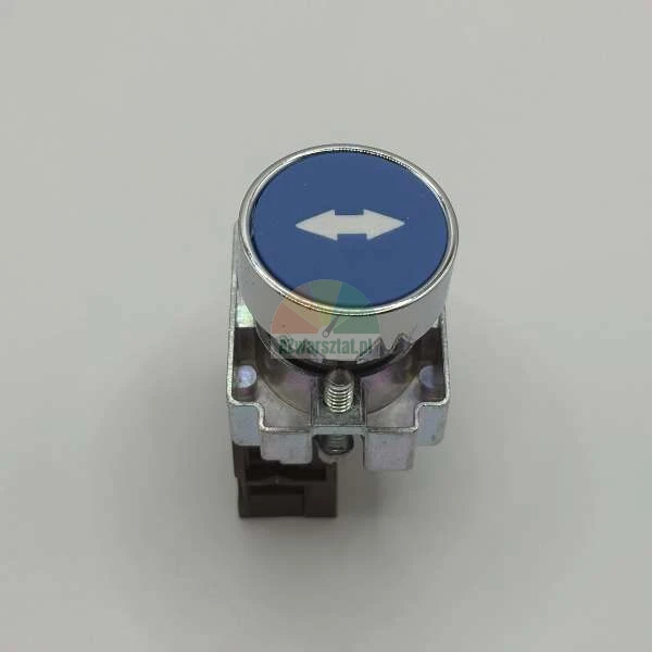 Blue industrial push button with a white double-headed horizontal arrow in a metallic housing.