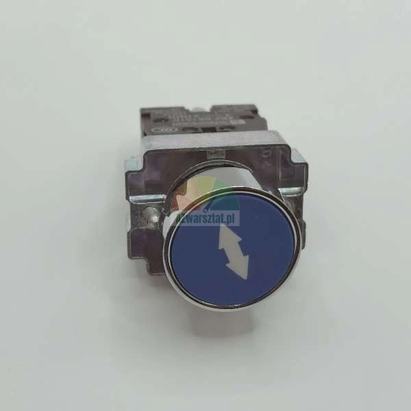 Blue industrial push button with a white up-down double arrow in a metal housing.