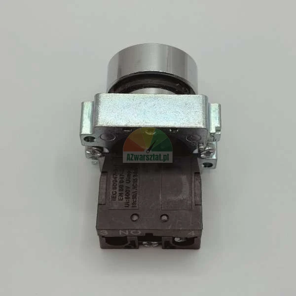 Industrial push button switch with NO contact block and metal mounting collar.