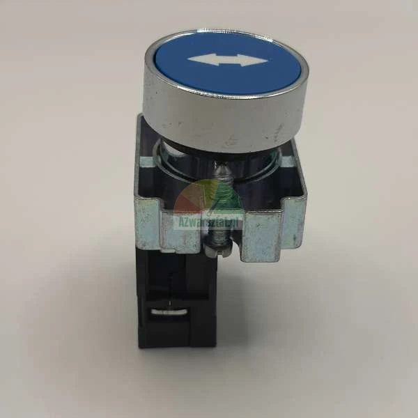 Blue industrial control push button with white double arrow icon and metal mounting bracket