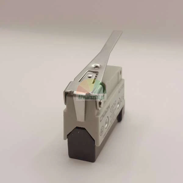 Industrial microswitch with a metal lever actuator and grey housing.