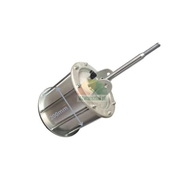 Stainless steel pneumatic cylinder with 200mm diameter measurement on a white background.
