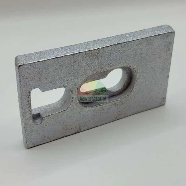 Rectangular galvanized metal striker plate for door locks.