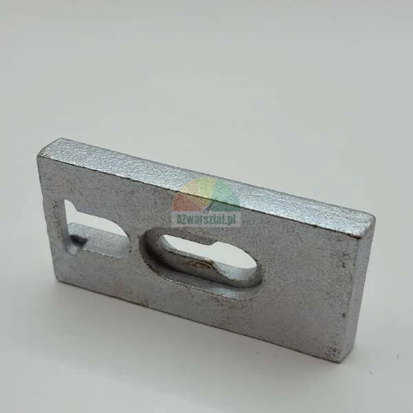 Silver metal mounting plate with two elongated slots on a light background.